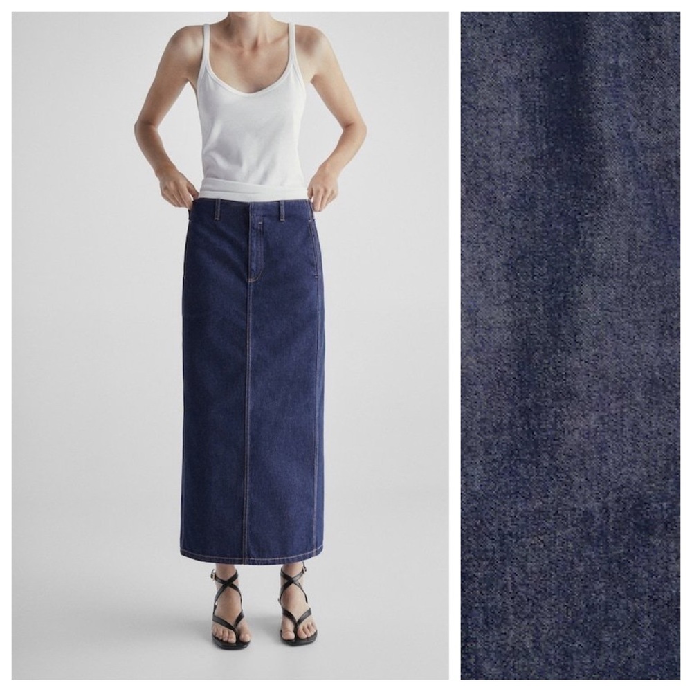 NWT. Massimo Dutti Dark Blue 100% Cotton Straight Denim Midi Skirt. Size 4.